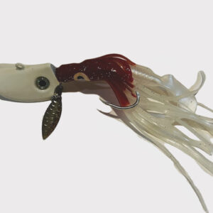 Striper-Gear crawler lure for fishing for black sea bass. Pictured here in the white color which glows underwater