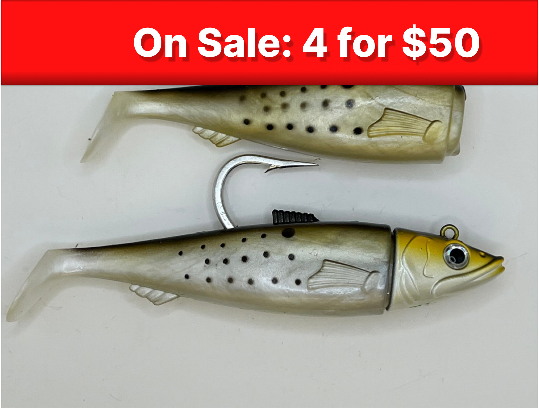 Striper-Gear Shaddy Daddy soft plastic lure with a banner at the top highlighting a sale to buy four Shaddy Daddys for $50.